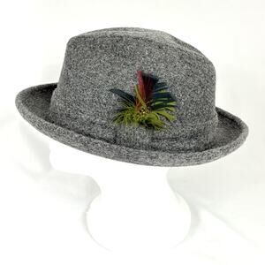 Vintage Stevens Fedora Hat Size 7 1/4 Gray Wool Blend Feather